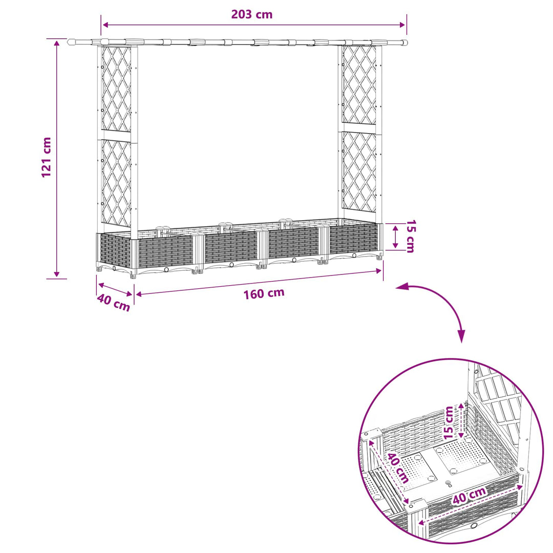 Hævet Bed med Trellis og Tag Lysegrå 203 x 40 x 121 cm PP