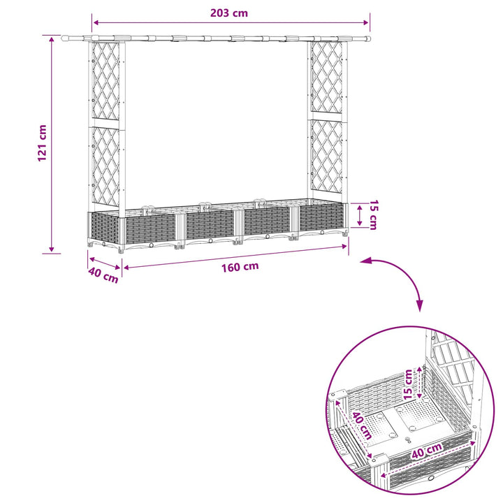 Hævet Bed med Trellis og Tag Lysegrå 203 x 40 x 121 cm PP