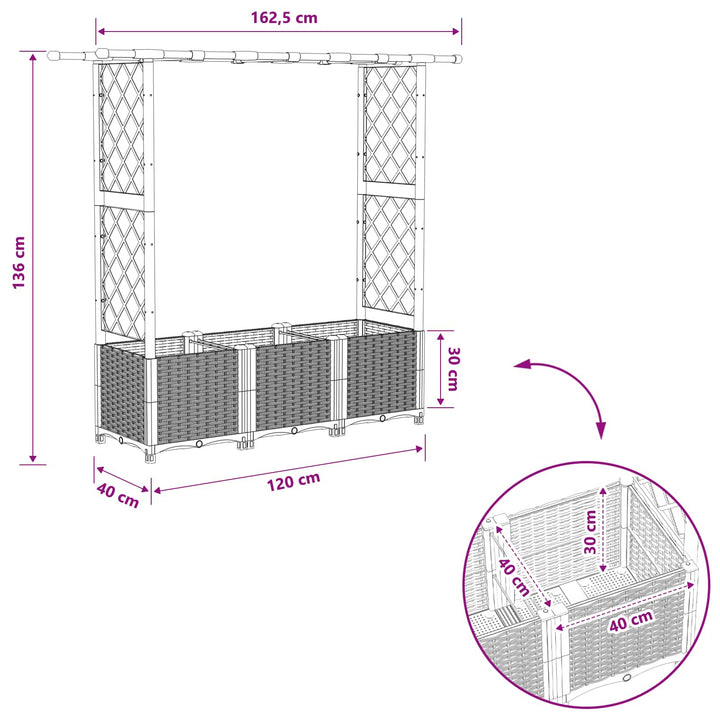 Hævet Bed med Trellis og Tag Lysegrå 162,5 x 40 x 136 cm PP