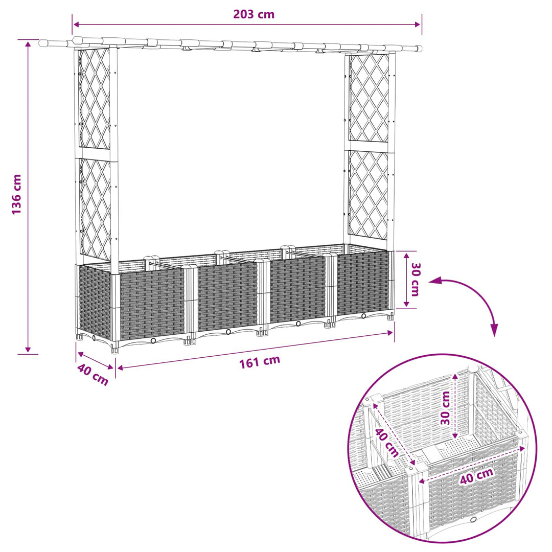 Hævet Bed med Trellis og Tag Lysegrå 203 x 40 x 136 cm PP