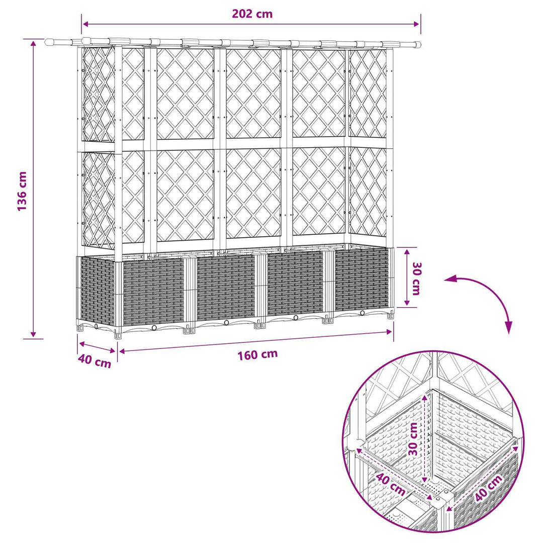 Hævet Bed med Trellis og Tag Lysegrå 202 x 40 x 136 cm PP