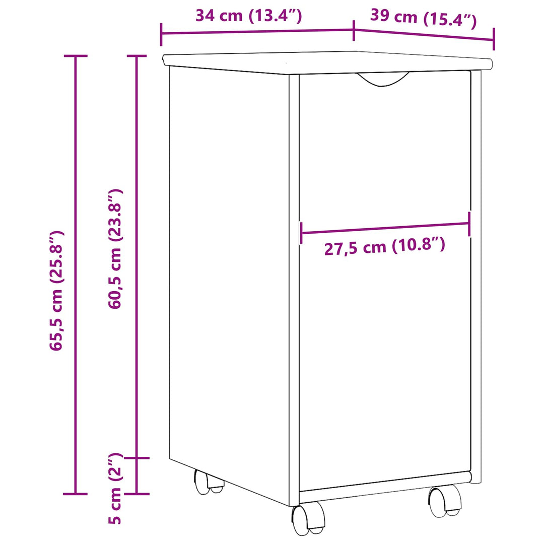 Rullende skab med hjul Brun 34 x 39 x 65,5 cm Massivt fyrretræ