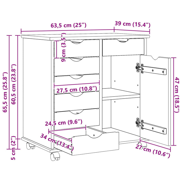 Rullende skab Brun 63,5 x 39 x 65,5 cm Massivt fyrretræ