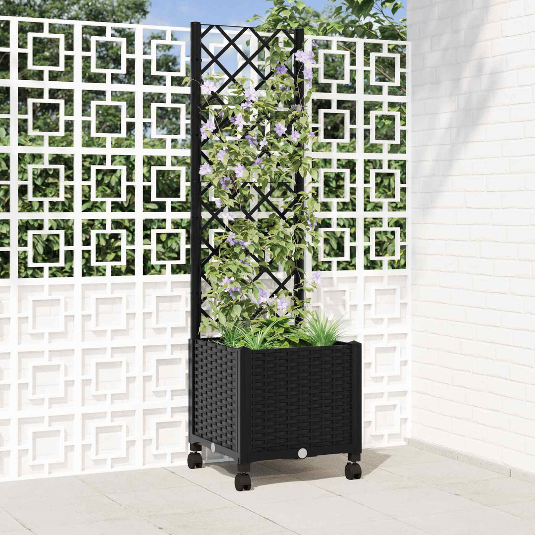Haveplantekasse med espalier og hjul Sort 40 x 40 x 146 cm PP
