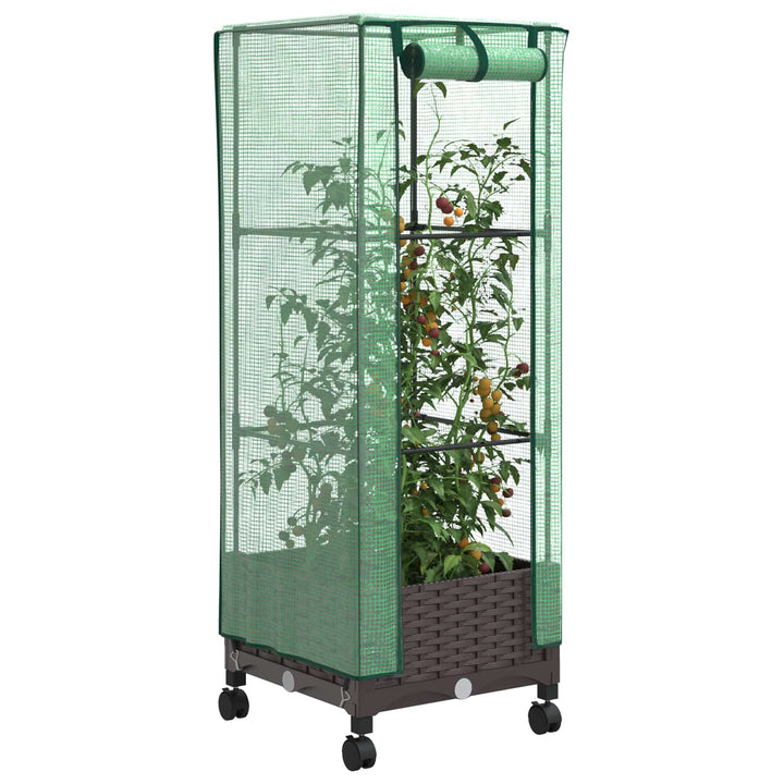 Haveplantekasse med drivhusdække og hjul Brun 40 x 40 x 129 cm