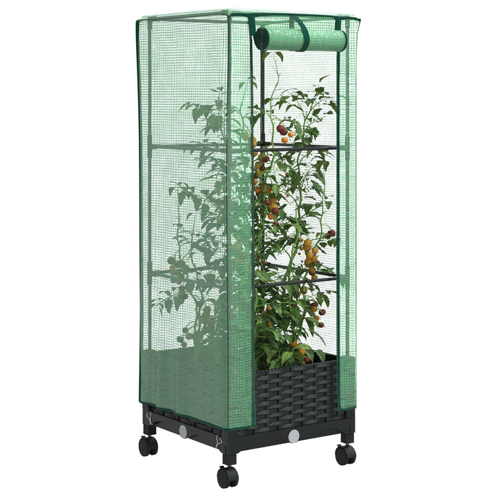 Haveplantekasse med drivhusdække og hjul Sort 40 x 40 x 129 cm