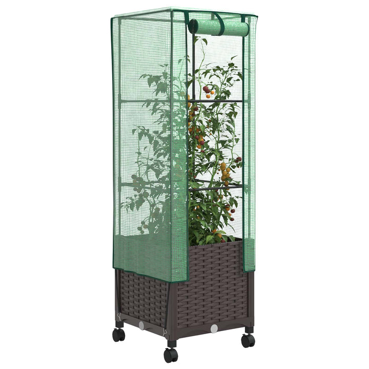 Haveplantekasse med drivhusdække og hjul Brun 40 x 40 x 145 cm