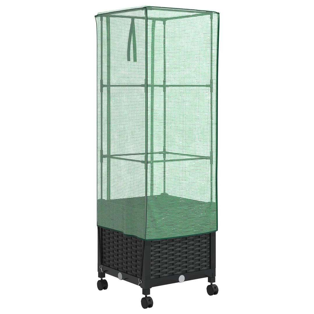 Haveplantekasse med drivhusdække og hjul Sort 40 x 40 x 145 cm