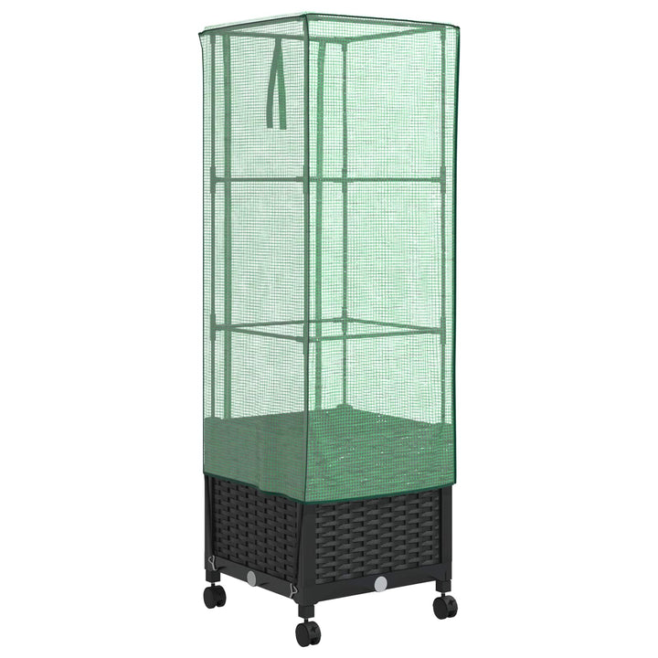 Haveplantekasse med drivhusdække og hjul Sort 40 x 40 x 145 cm