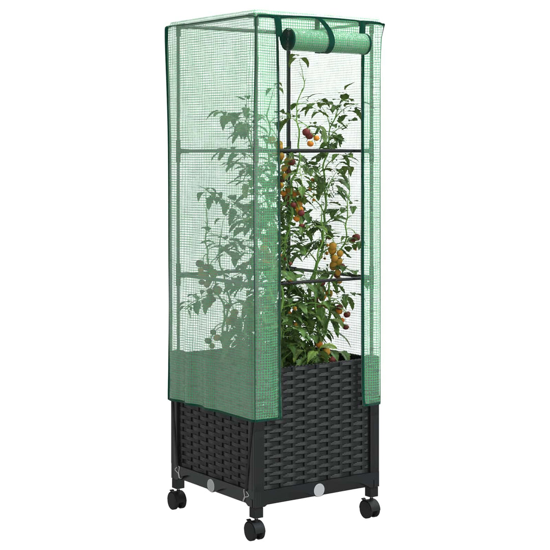 Haveplantekasse med drivhusdække og hjul Sort 40 x 40 x 145 cm