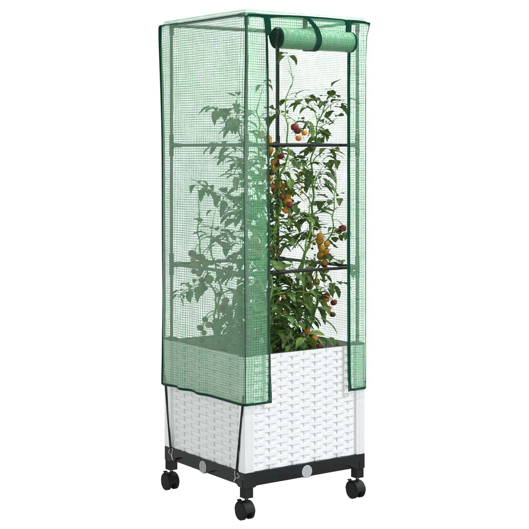 Haveplantekasse med drivhusdække og hjul Hvid 40 x 40 x 145 cm