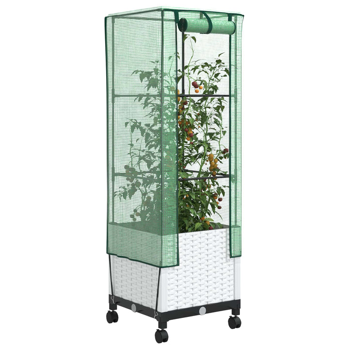 Haveplantekasse med drivhusdække og hjul Hvid 40 x 40 x 145 cm