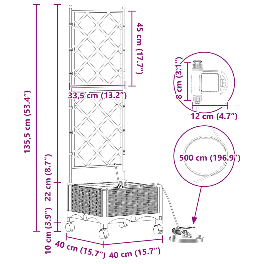 Havekrukke med vanding og hjul Sort 40 x 40 x 132 cm PP