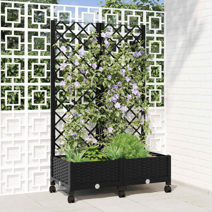Haveplantekasse med espalier og hjul Sort 80 x 40 x 131,5 cm PP