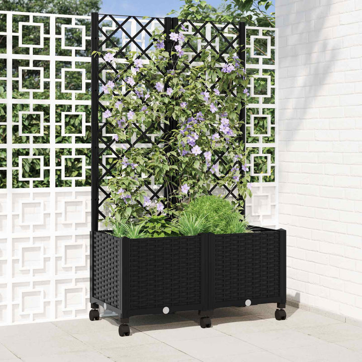 Haveplantekasse med espalier og hjul Sort 80 x 40 x 146 cm PP
