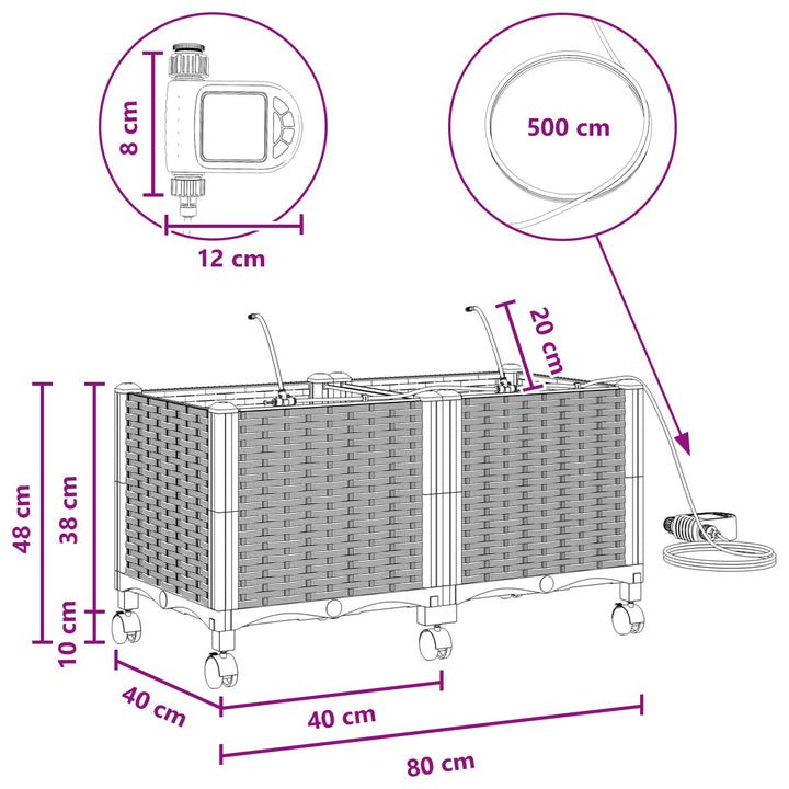 Havekrukke med vanding og hjul 2 stk. Brun 80 x 40 x 43,5 cm PP