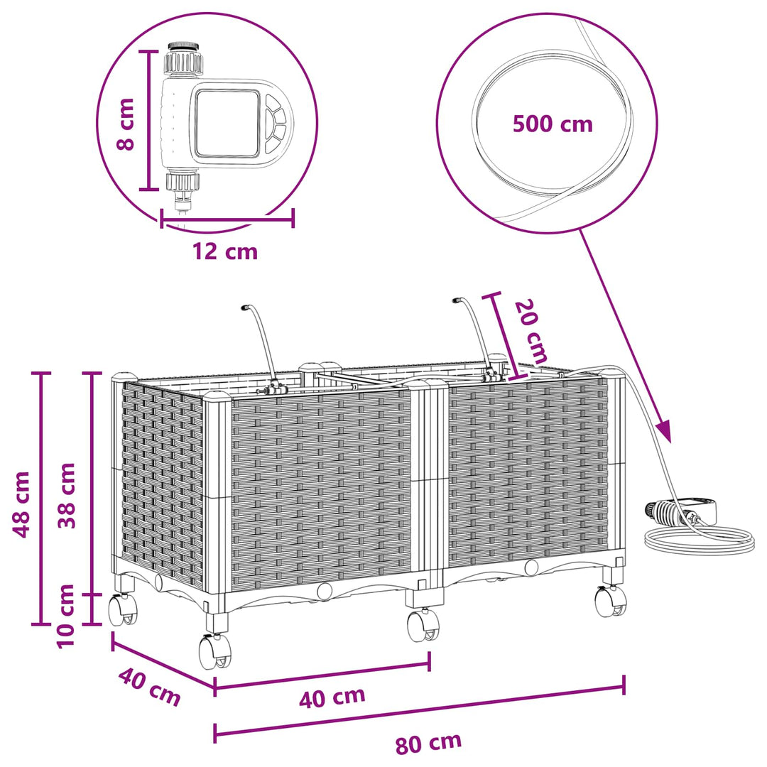 Havekrukke med vanding og hjul 2 stk. Sort 80 x 40 x 43,5 cm PP
