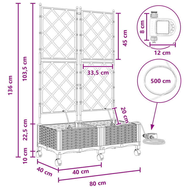 Havekrukke med vanding og hjul 2 stk. Brun 80 x 40 x 132 cm PP