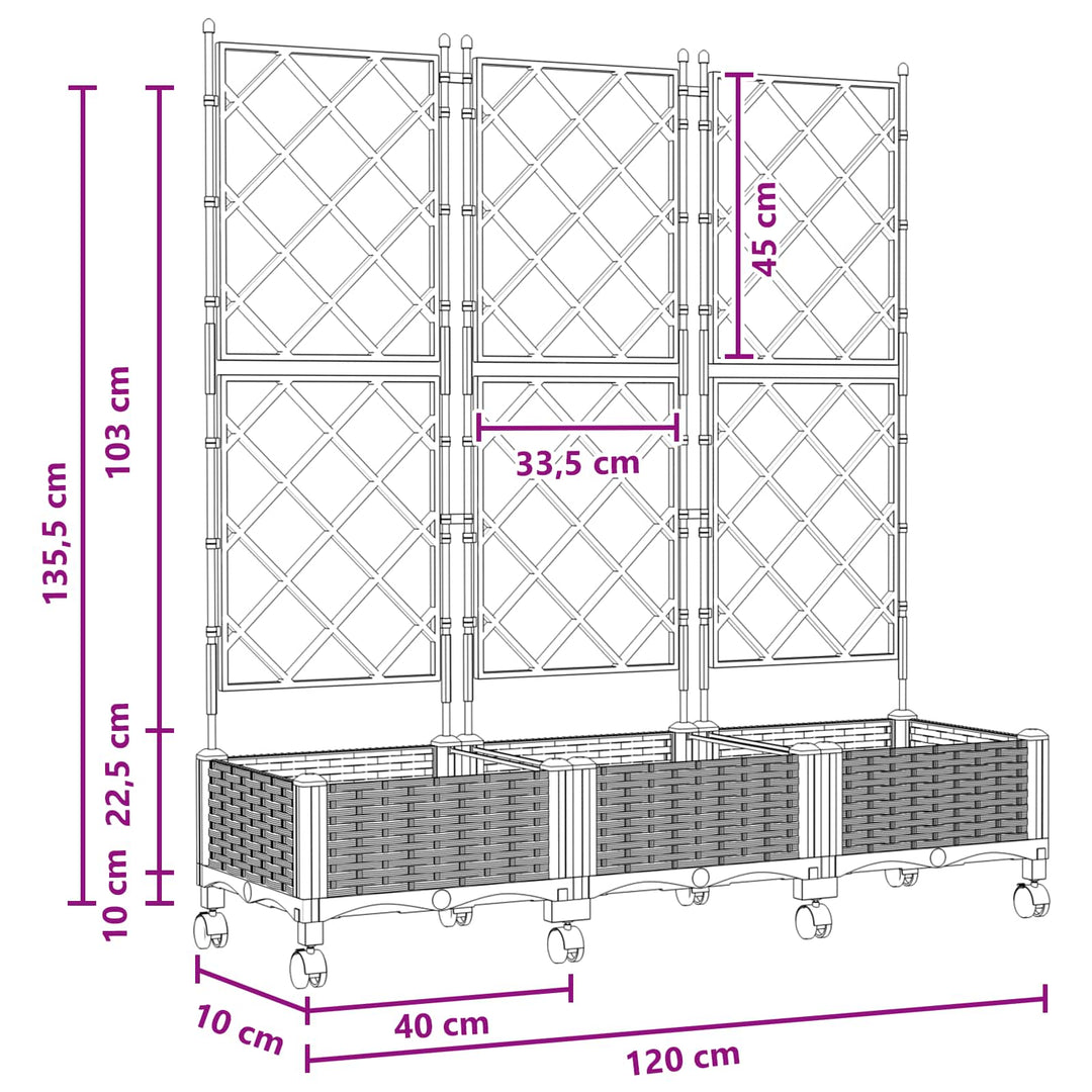 Haveplantekasse med espalier og hjul 3 stk. Brun PP