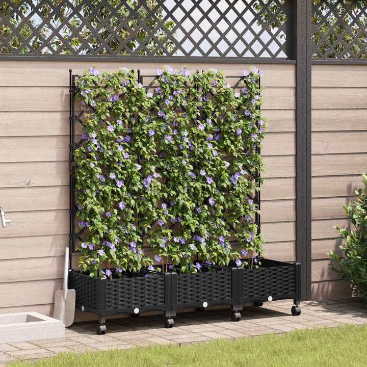 Haveplantekasse med espalier og hjul 3 stk. Sort PP