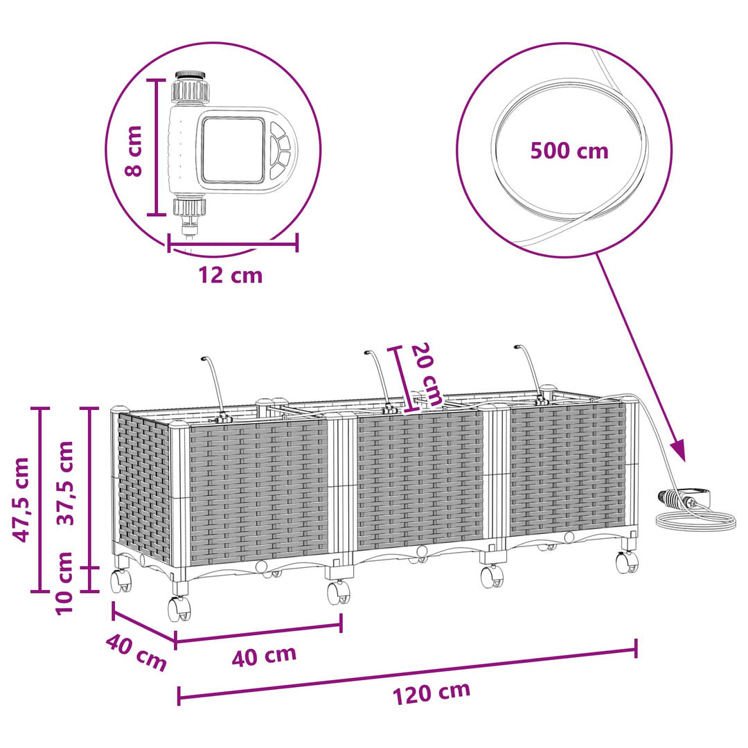Havekrukke med vanding og hjul 3 stk. Brun 120 x 40 x 43,5 cm