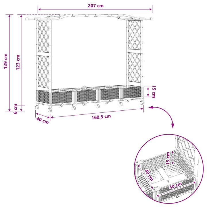 Hævet Bed med Trellis og Tag Lysegrå 207 x 40 x 129 cm PP