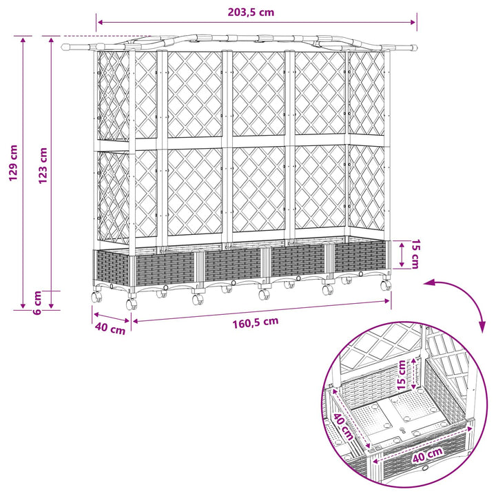 Hævet Bed med Trellis og Tag Grå 203,5 x 40 x 129 cm PP