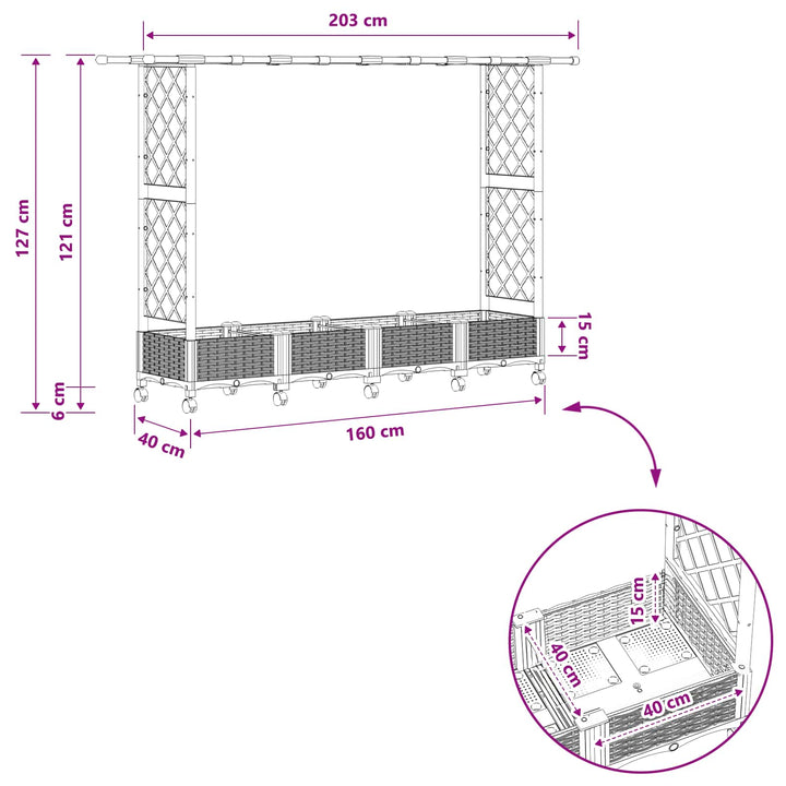 Hævet Bed med Trellis og Tag Lysegrå 203 x 40 x 127 cm PP