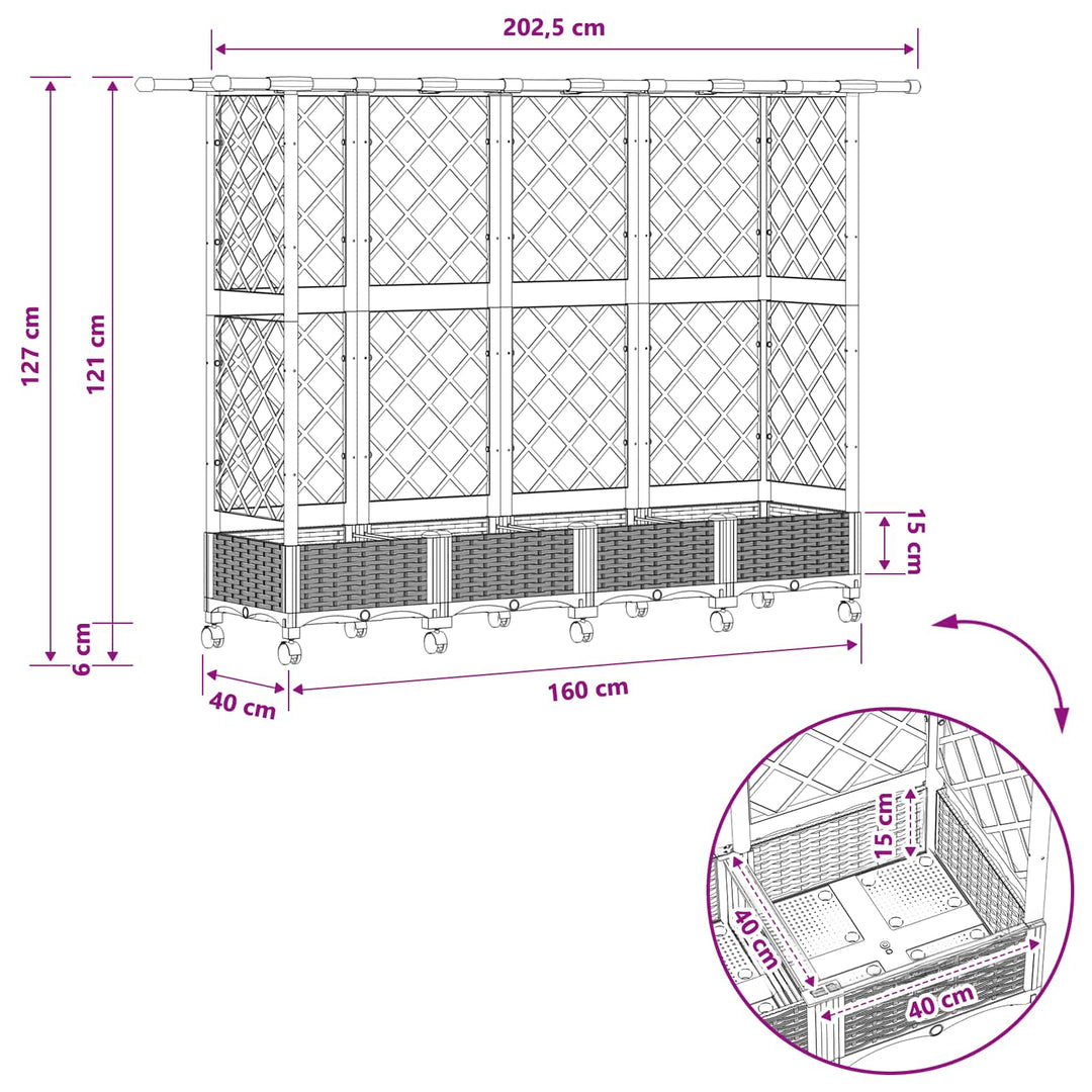 Hævet Bed med Trellis og Tag Lysegrå 202,5 x 40 x 127 cm PP