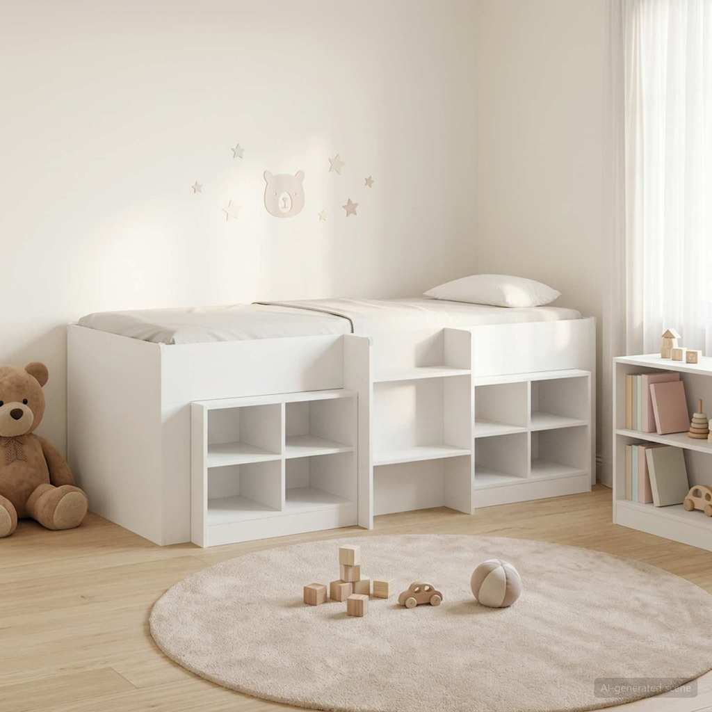 Loft seng ramme med skab med hylde 3 stk. Hvid Konstrueret træ