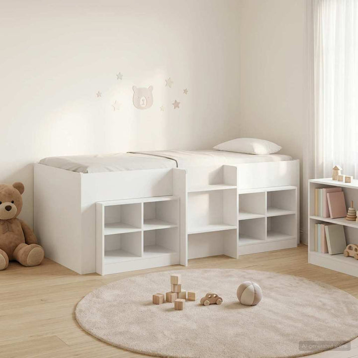 Loft seng ramme med skab med hylde 3 stk. Hvid Konstrueret træ