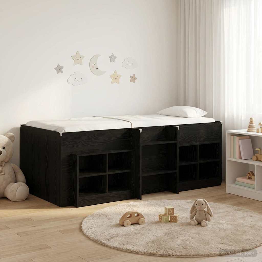 Loft seng ramme med skab med hylde 3 stk. Sort Konstrueret træ