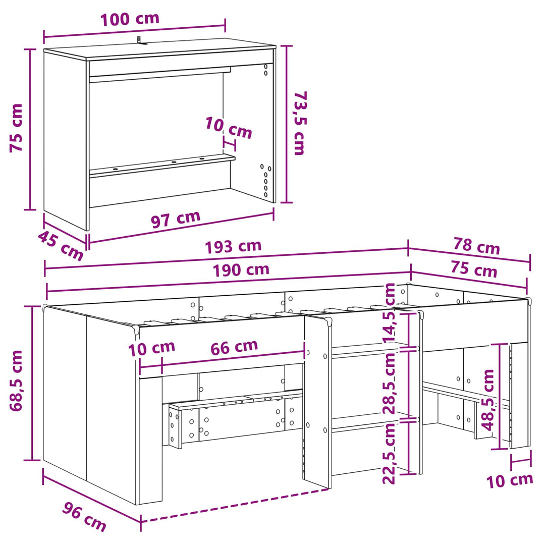 Børneseng med skrivebord Hvid 75 x 190 cm Konstrueret træ