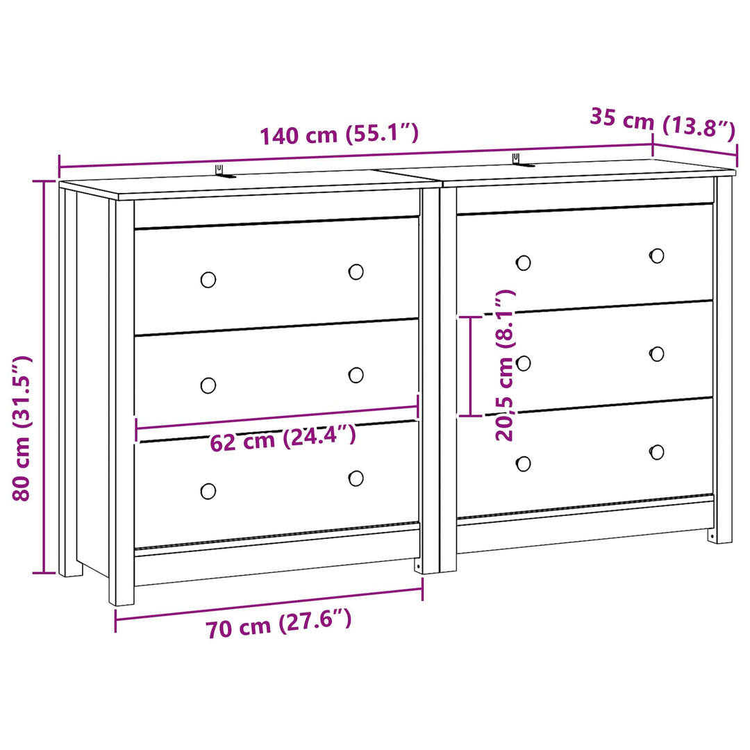 Sideboard 2 pcs VoksBrun 140 x 35 x 80 cm Massivt fyrretræ