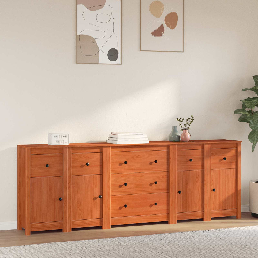 Sideboard med skuffe 5 pcs VoksBrun Massivt fyrretræ