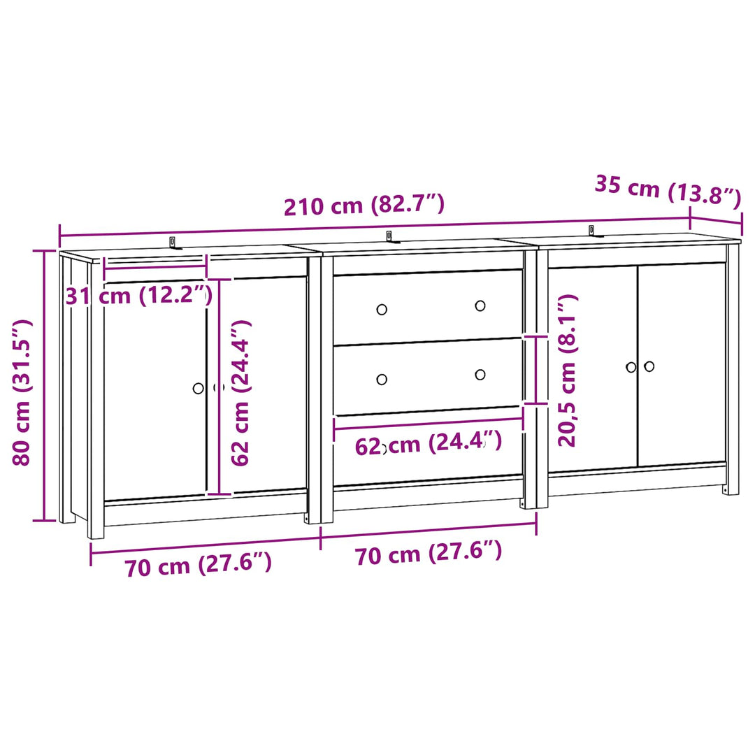 Sideboard med skuffe 3 pcs VoksBrun Massivt fyrretræ