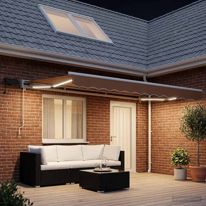 Manuel markise-ramme med LED-lys Sandfarvet 5 x 3 m