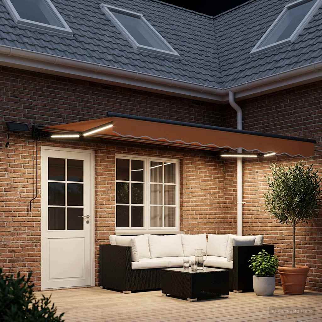 Manuel markise-ramme med LED-lys Sandfarvet 4,5 × 3,5 m