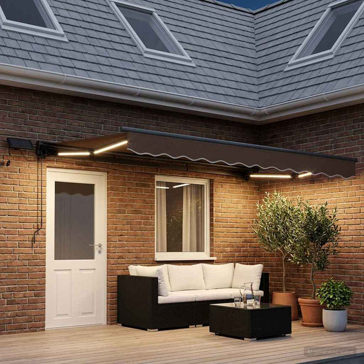 Manuel markise-ramme med LED-lys Gråbrun 4 x 2 m