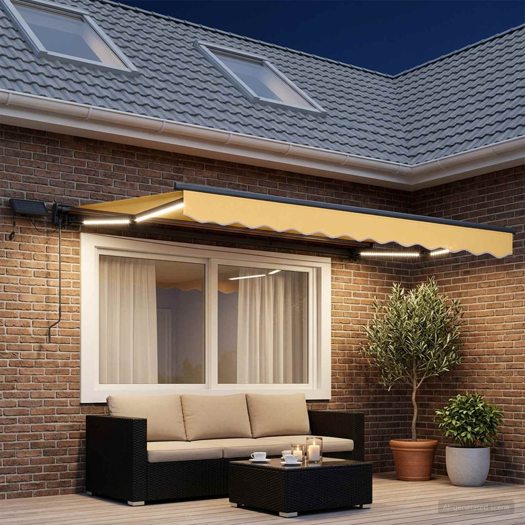 Manuel markise-ramme med LED-lys Sandfarvet 5 × 3,5 m