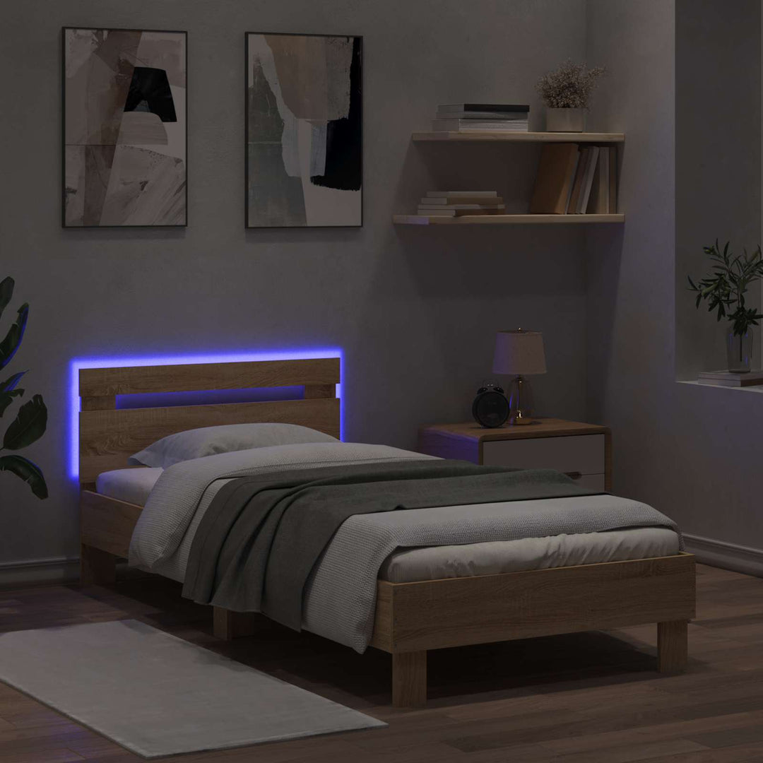 Sengestel med LED-lysstrimler Sonoma-eg Konstrueret træ