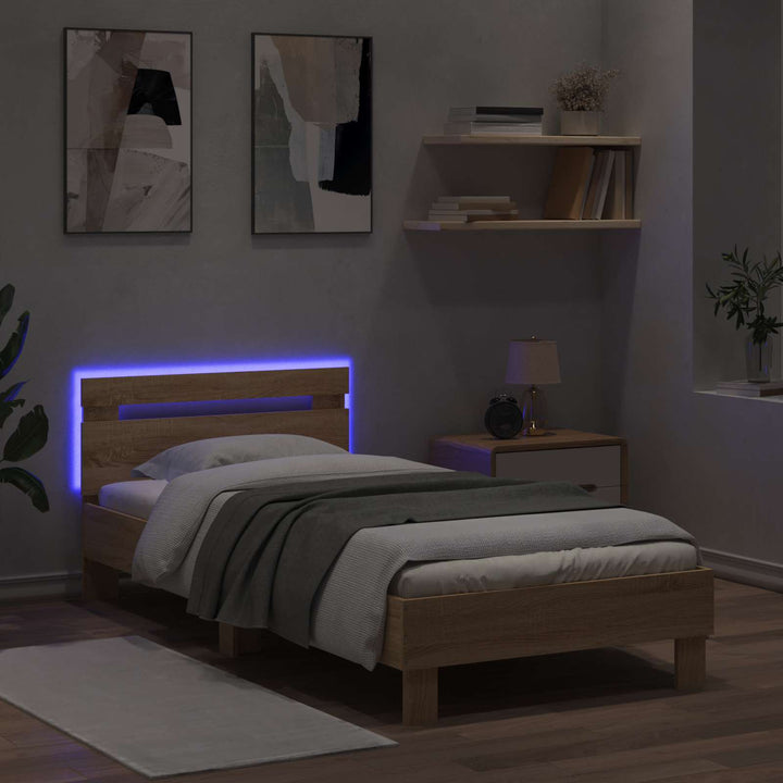 Sengestel med LED-lysstrimler Sonoma-eg Konstrueret træ