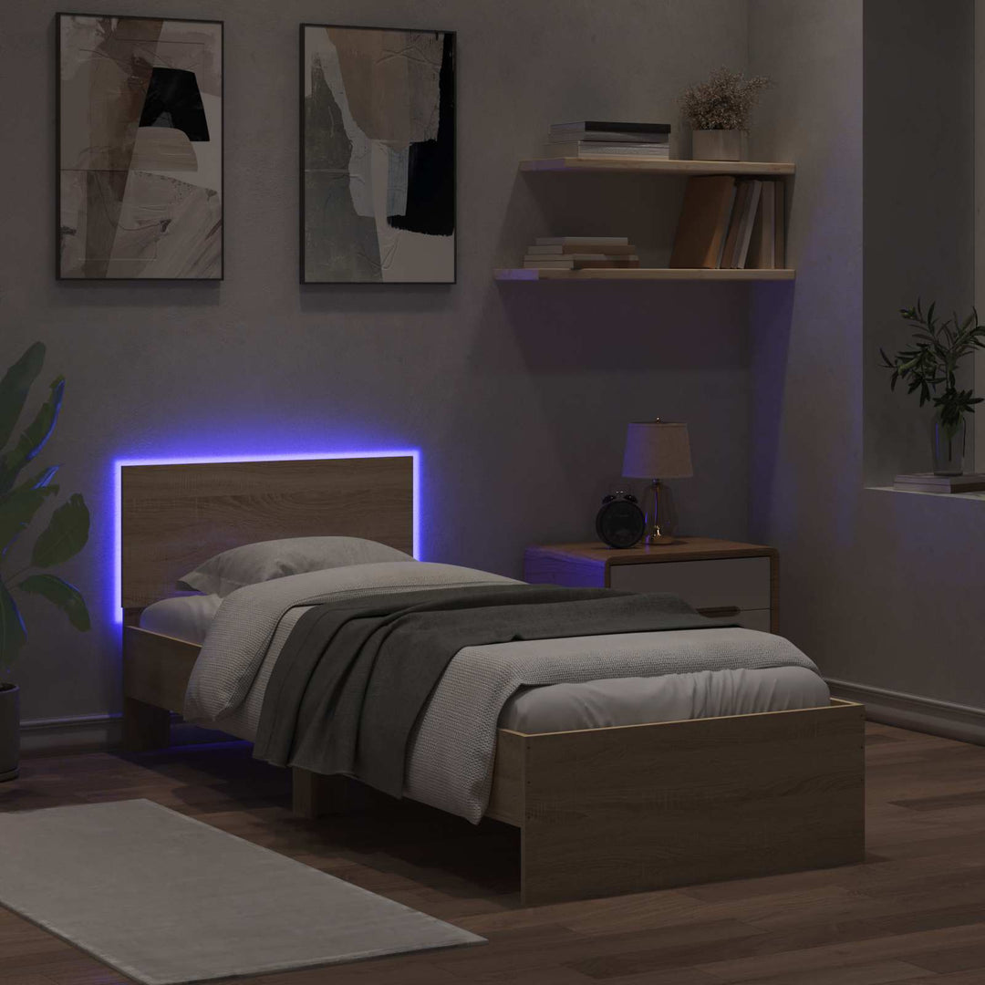Sengestel med LED-lysstrimler Sonoma-eg Konstrueret træ