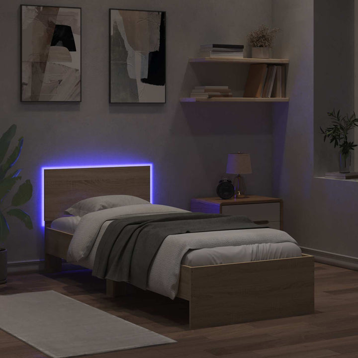 Sengestel med LED-lysstrimler Sonoma-eg Konstrueret træ