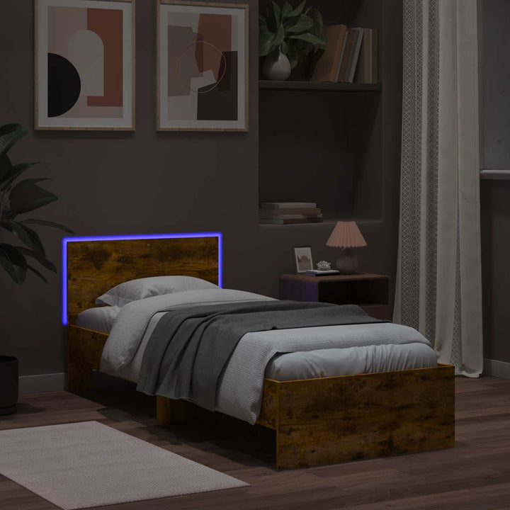 Senge ramme med LED Røget eg 80 x 200 cm Konstrueret træ