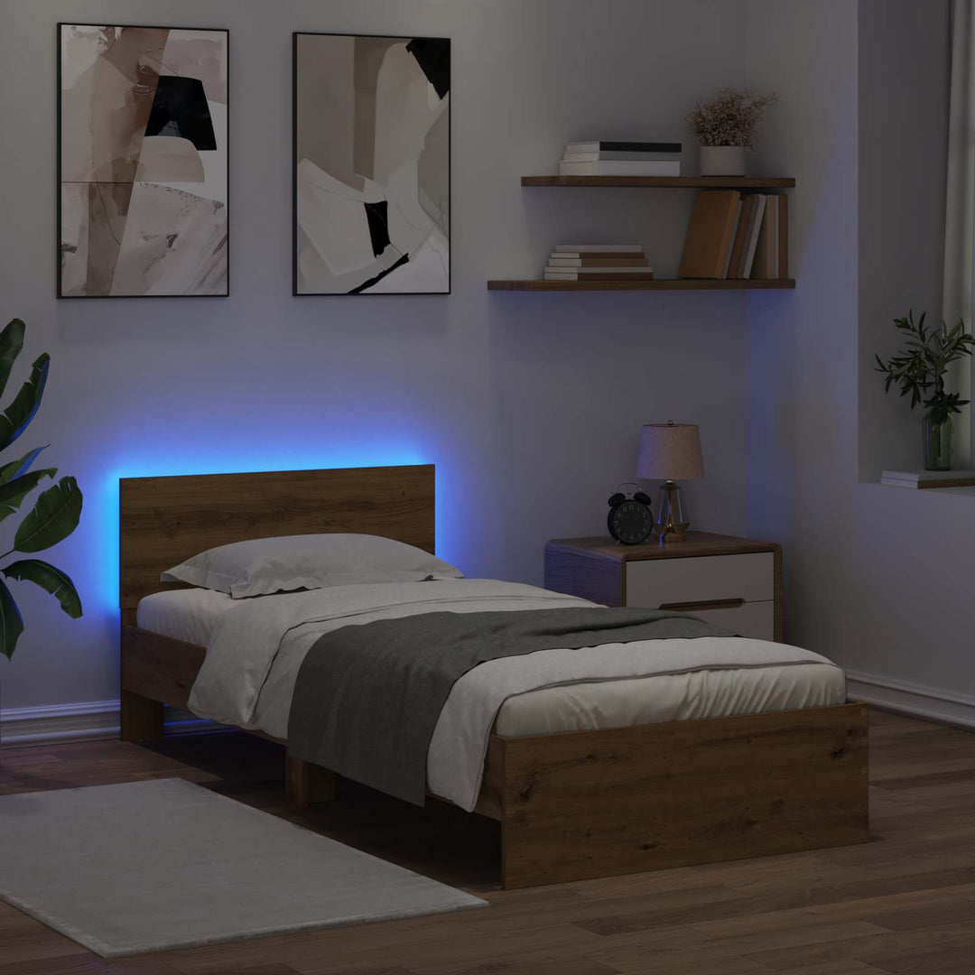 Sengestel med LED-lysstrimler Artisan-eg Konstrueret træ