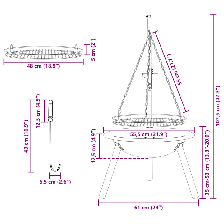 Bålsted med justerbar grillrist ⌀55,5 x 107,5 cm Stål Sort