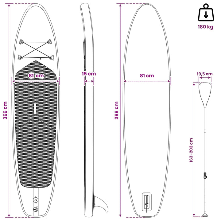 Oppustelig Stand Up Paddle Board HYDROS 366 x 81 x 15 cm Turkis