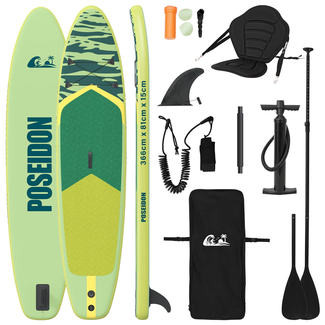 SUP board med sæde 2-i-1 POSEIDON 366 x 81 x 15 cm Grøn