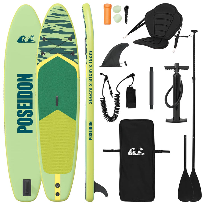 SUP board med sæde 2-i-1 POSEIDON 366 x 81 x 15 cm Grøn